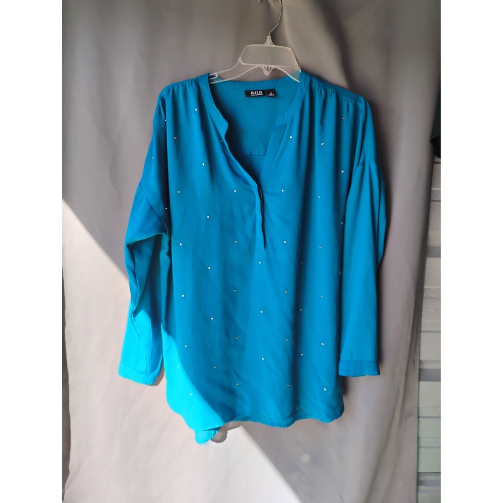 a.n.a A New Approach Womens Teal Blue Studded Split Neck Long Sleeve Blouse M
